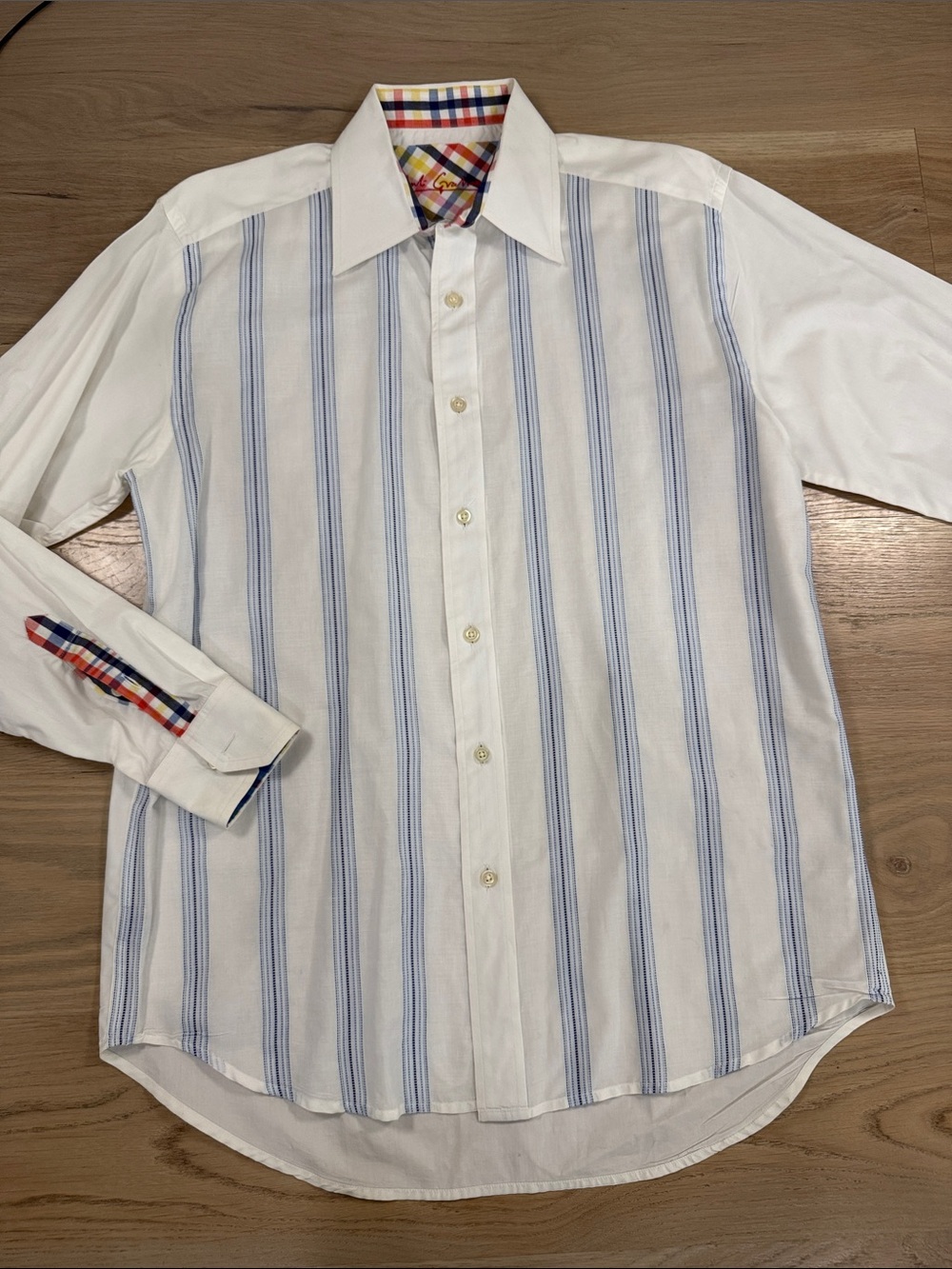 Robert Graham Mens Shirt Large White Blue Stripe Rainbow Contrast Cuff Collar
